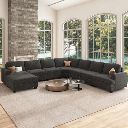 U Shaped Corner Sofa With Storage Ottoman(Dark Gray Polyester)