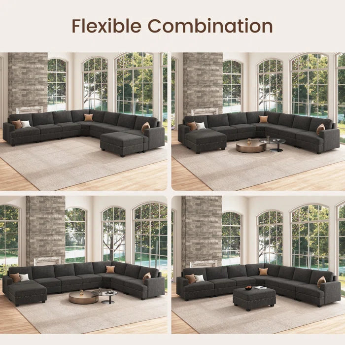 U Shaped Corner Sofa With Storage Ottoman(Dark Gray Polyester)