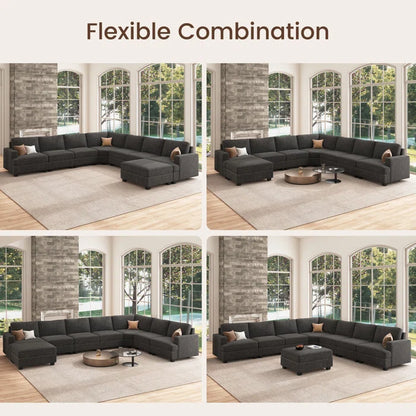 U Shaped Corner Sofa With Storage Ottoman(Dark Gray Polyester)