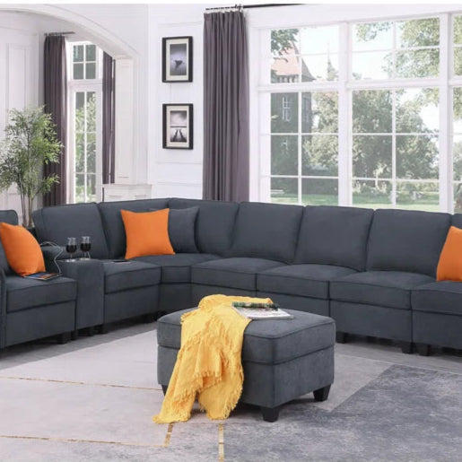 L Shape Sectional Sofa: 8 Piece Modular Corner Sectional with Ottoman(Dark Gray Polyester Blend)