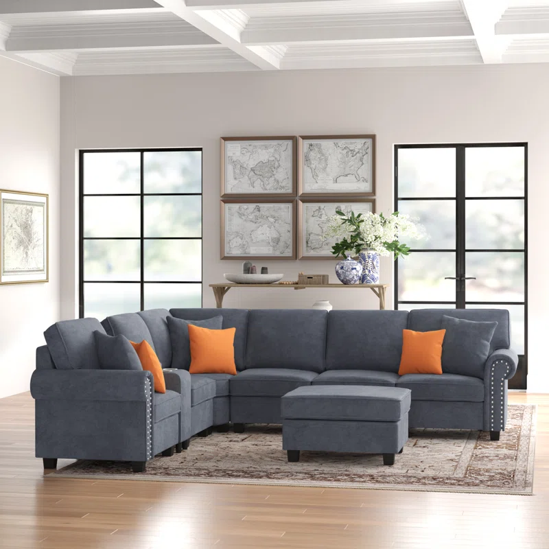 L Shape Sectional Sofa: 136.35" Wide Reversible 7-Piece Modular Corner Sectional with Ottoman(Dark Gray Polyester Blend)