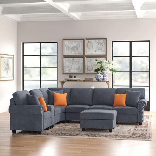 L Shape Sectional Sofa: 136.35" Wide Reversible 7-Piece Modular Corner Sectional with Ottoman(Dark Gray Polyester Blend)