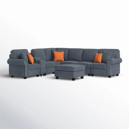 L Shape Sectional Sofa: 136.35" Wide Reversible 7-Piece Modular Corner Sectional with Ottoman(Dark Gray Polyester Blend)