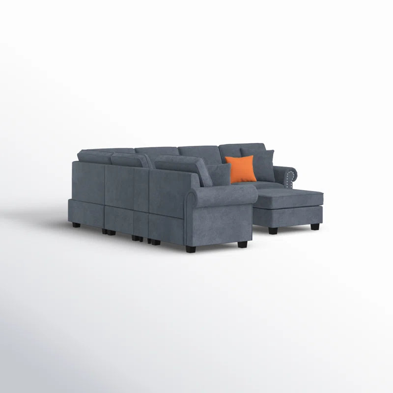 L Shape Sectional Sofa: 136.35" Wide Reversible 7-Piece Modular Corner Sectional with Ottoman(Dark Gray Polyester Blend)
