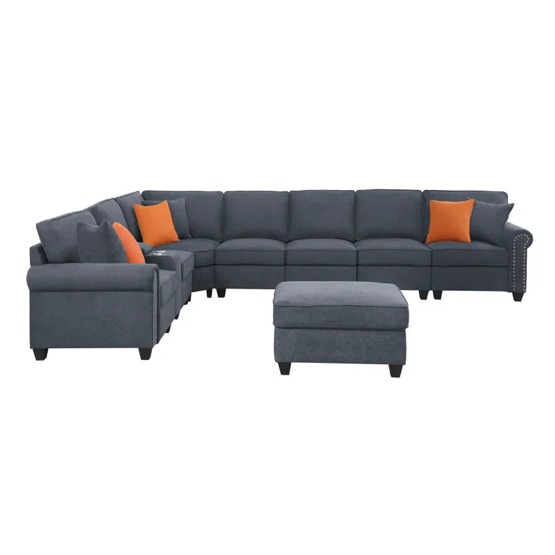 L Shape Sectional Sofa: 8 Piece Modular Corner Sectional with Ottoman(Dark Gray Polyester Blend)