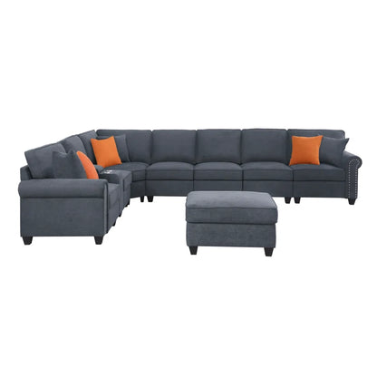 L Shape Sectional Sofa: 8 Piece Modular Corner Sectional with Ottoman(Dark Gray Polyester Blend)