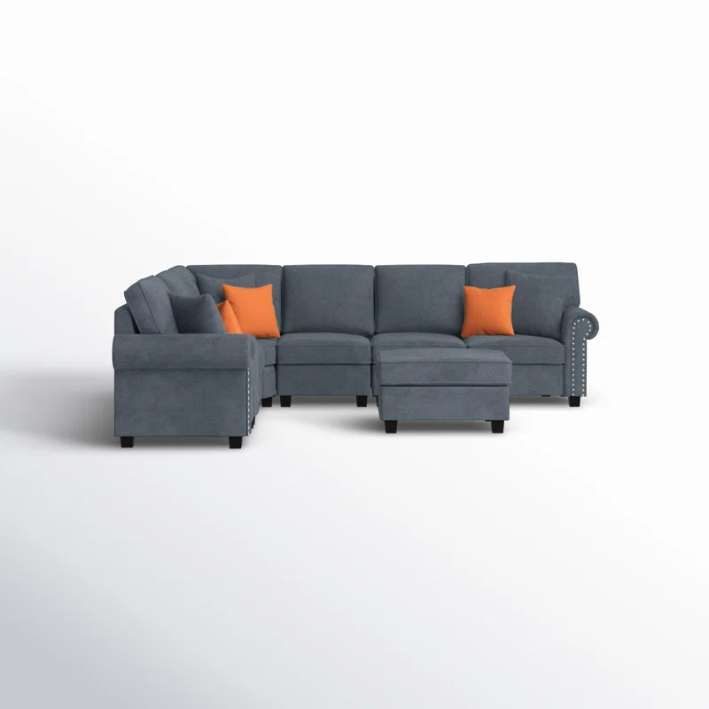 L Shape Sectional Sofa: 136.35" Wide Reversible 7-Piece Modular Corner Sectional with Ottoman(Dark Gray Polyester Blend)