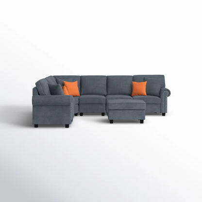 L Shape Sectional Sofa: 136.35" Wide Reversible 7-Piece Modular Corner Sectional with Ottoman(Dark Gray Polyester Blend)