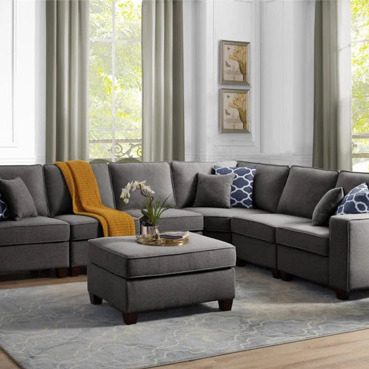 L Shape Sectional Sofa: 7 Piece Modular Sectional Sofa with Ottoman (Dark Gray)