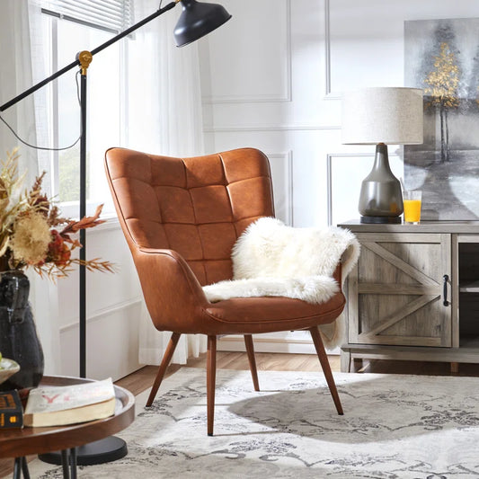 THE CASA ORO® 28''W x 31.3''D Faux Leather Wing Chair, Mid-century Oversized Armchair(Brown Faux Leather)