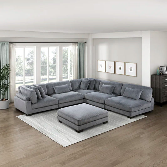 L Shape Sectional Sofa: 135”W Modern Corduroy Track Arm Modular Sectional Sofa(Gray Corduroy)