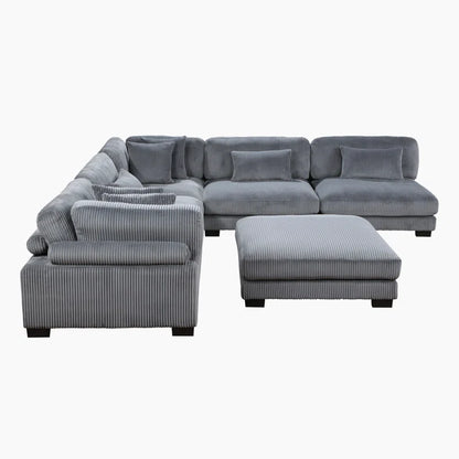 L Shape Sectional Sofa: 135”W Modern Corduroy Track Arm Modular Sectional Sofa(Gray Corduroy)