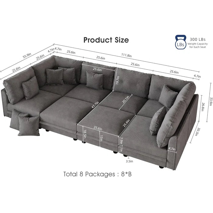 8 Seat Corduroy Straight Modular Sectional Sleeper With Storage(Gray Corduroy)