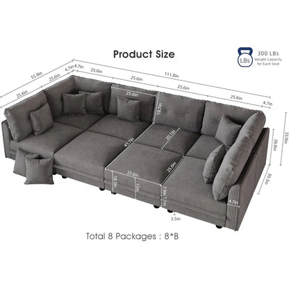 8 Seat Corduroy Straight Modular Sectional Sleeper With Storage(Gray Corduroy)