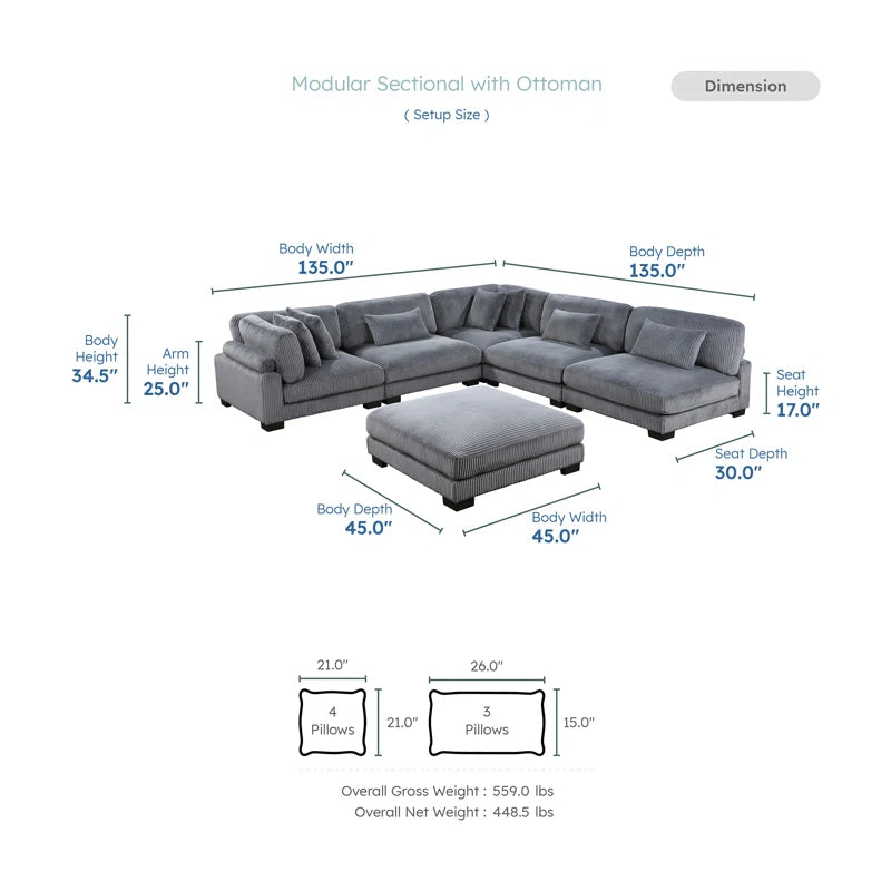 L Shape Sectional Sofa: 135”W Modern Corduroy Track Arm Modular Sectional Sofa(Gray Corduroy)