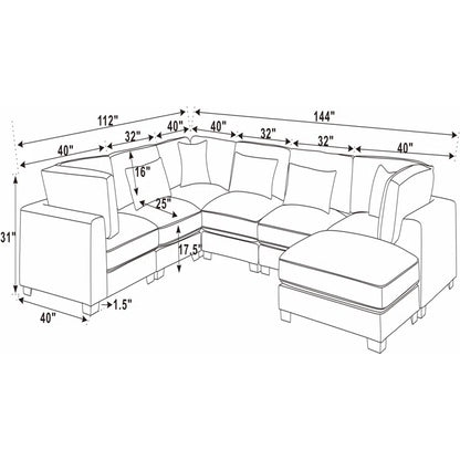 U- Shape Sectional Sofa: 7 - Piece 144" Wide Modular Corner Sectional(Gray Corduroy)