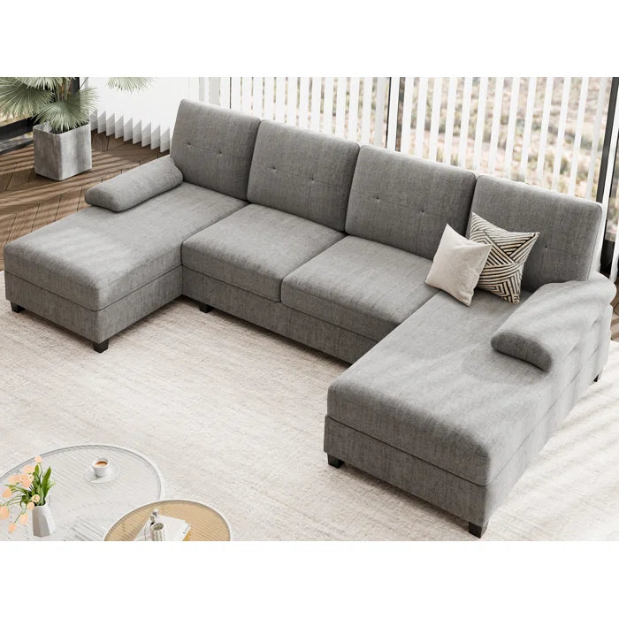U- Shape Sectional Sofa: 106" Modular Upholstered Sectional 3-Piece Sectional for Living Room(Gray Cotton Blend)