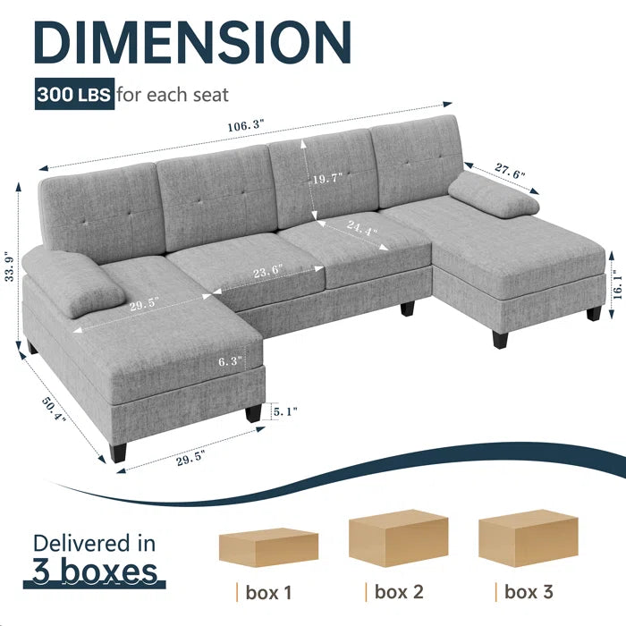 U- Shape Sectional Sofa: 106" Modular Upholstered Sectional 3-Piece Sectional for Living Room(Gray Cotton Blend)