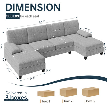 U- Shape Sectional Sofa: 106" Modular Upholstered Sectional 3-Piece Sectional for Living Room(Gray Cotton Blend)