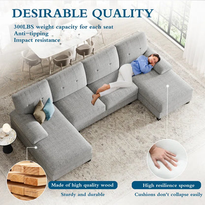 U- Shape Sectional Sofa: 106" Modular Upholstered Sectional 3-Piece Sectional for Living Room(Gray Cotton Blend)