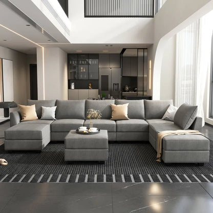 THE CASA ORO® U-shaped Grey Sectional Sofa with Chaise Modular Sectional Sofa(Gray Polyester)