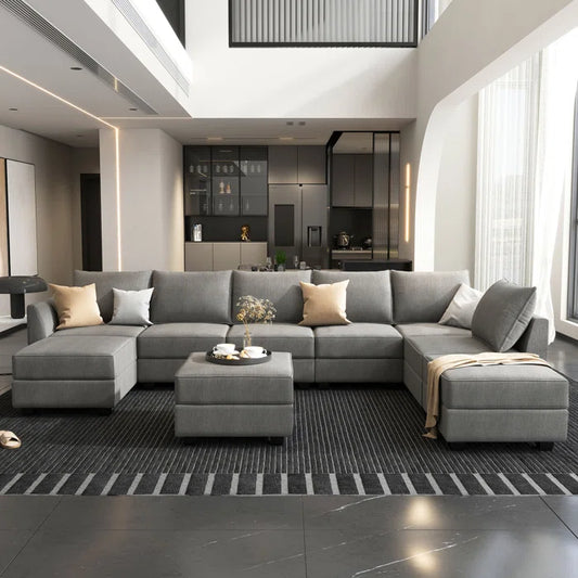 THE CASA ORO® U-shaped Grey Sectional Sofa with Chaise Modular Sectional Sofa(Gray Polyester)