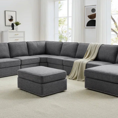 U-Shape Sectional Sofa: 8 - Piece Modular Large Sectional Seat (Gray Polyester)