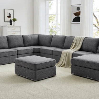 U-Shape Sectional Sofa: 8 - Piece Modular Large Sectional Seat (Gray Polyester)