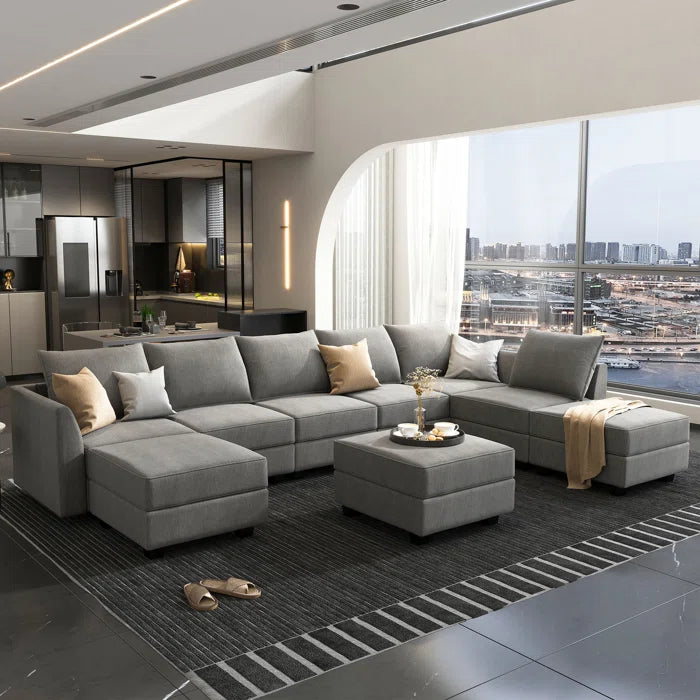 THE CASA ORO® U-shaped Grey Sectional Sofa with Chaise Modular Sectional Sofa(Gray Polyester)
