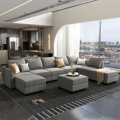 THE CASA ORO® U-shaped Grey Sectional Sofa with Chaise Modular Sectional Sofa(Gray Polyester)