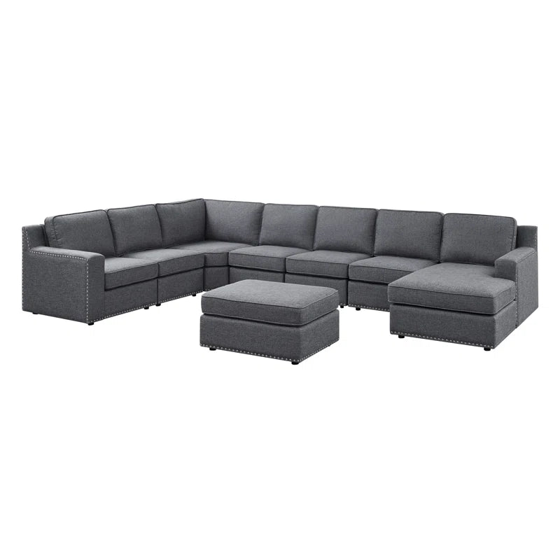 U-Shape Sectional Sofa: 8 - Piece Modular Large Sectional Seat (Gray Polyester)