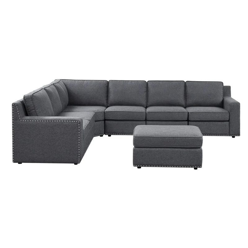L- Shape Sectional Sofa: 7 - Piece Modular Corner Sectional(Gray Polyester Blend)