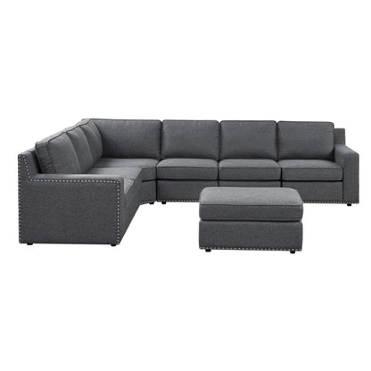 L- Shape Sectional Sofa: 7 - Piece Modular Corner Sectional(Gray Polyester Blend)