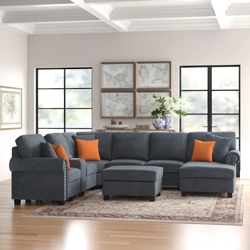 L Shape Sectional Sofa: 136.35" Wide Reversible 7-Piece Modular Corner Sectional with Ottoman(Gray Polyester Blend)