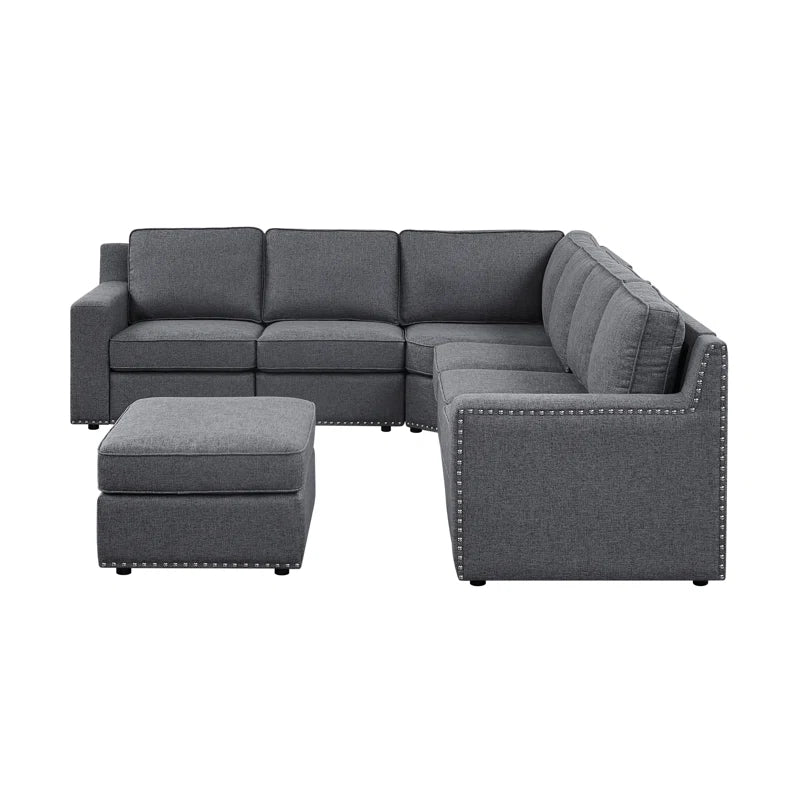 L- Shape Sectional Sofa: 7 - Piece Modular Corner Sectional(Gray Polyester Blend)