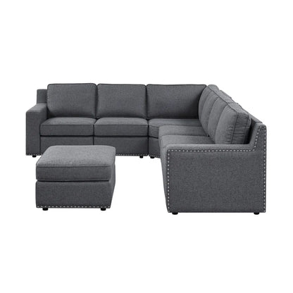 L- Shape Sectional Sofa: 7 - Piece Modular Corner Sectional(Gray Polyester Blend)