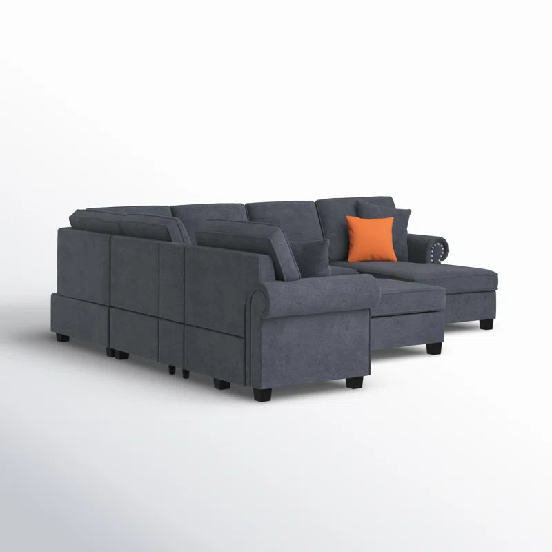 L Shape Sectional Sofa: 136.35" Wide Reversible 7-Piece Modular Corner Sectional with Ottoman(Gray Polyester Blend)