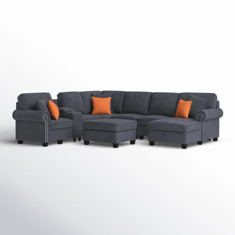 L Shape Sectional Sofa: 136.35" Wide Reversible 7-Piece Modular Corner Sectional with Ottoman(Gray Polyester Blend)