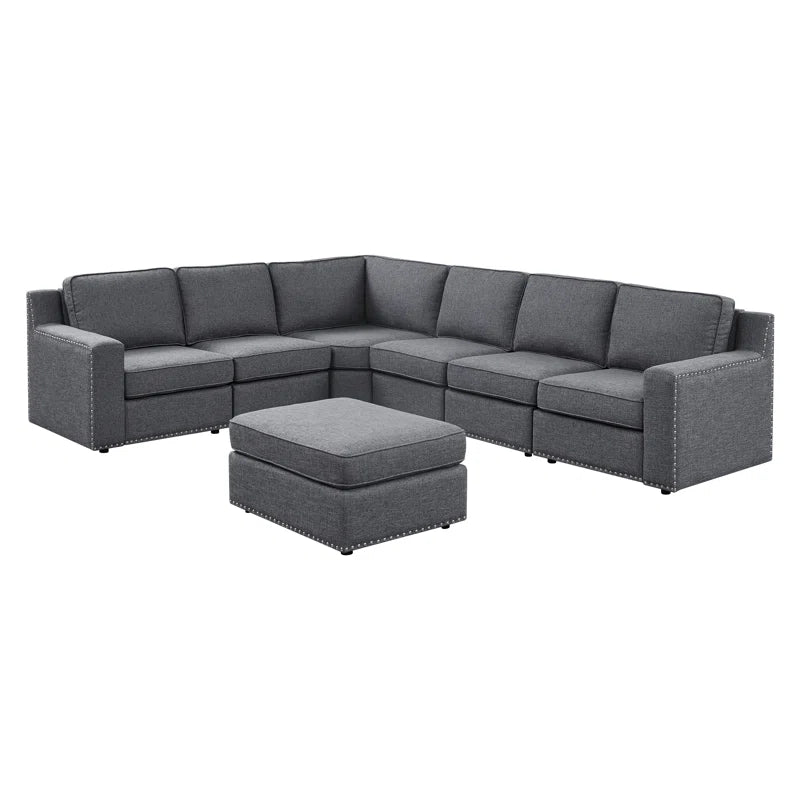 L- Shape Sectional Sofa: 7 - Piece Modular Corner Sectional(Gray Polyester Blend)