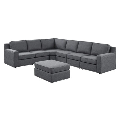 L- Shape Sectional Sofa: 7 - Piece Modular Corner Sectional(Gray Polyester Blend)