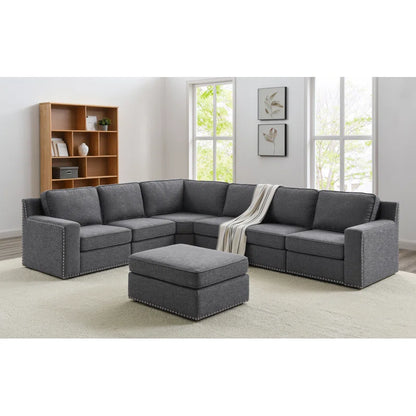 L- Shape Sectional Sofa: 7 - Piece Modular Corner Sectional(Gray Polyester Blend)