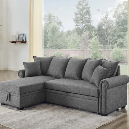 L- Shape Sectional Sofa: 4 - Piece Upholstered Sectional Sleeper Sofa Bed(Gray Linen Blend)