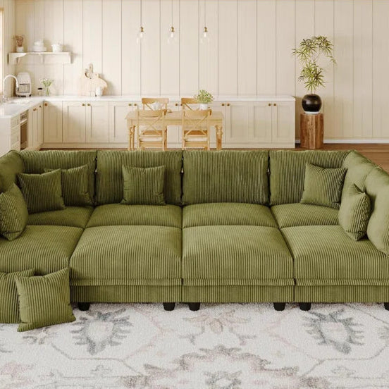 8 Seat Corduroy Straight Modular Sectional Sleeper With Storage(Green Corduroy)