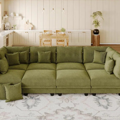 8 Seat Corduroy Straight Modular Sectional Sleeper With Storage(Green Corduroy)