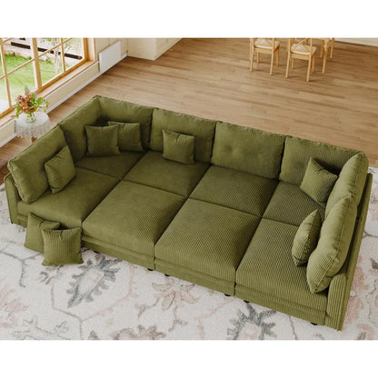 8 Seat Corduroy Straight Modular Sectional Sleeper With Storage(Green Corduroy)