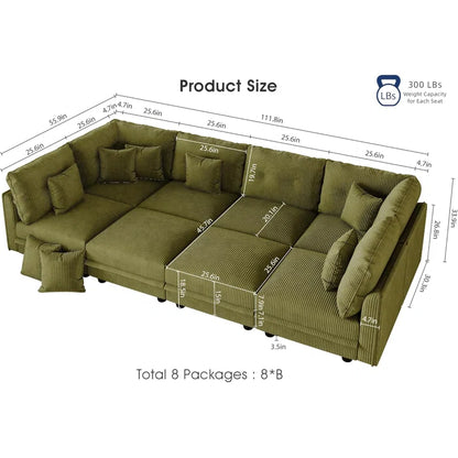 8 Seat Corduroy Straight Modular Sectional Sleeper With Storage(Green Corduroy)