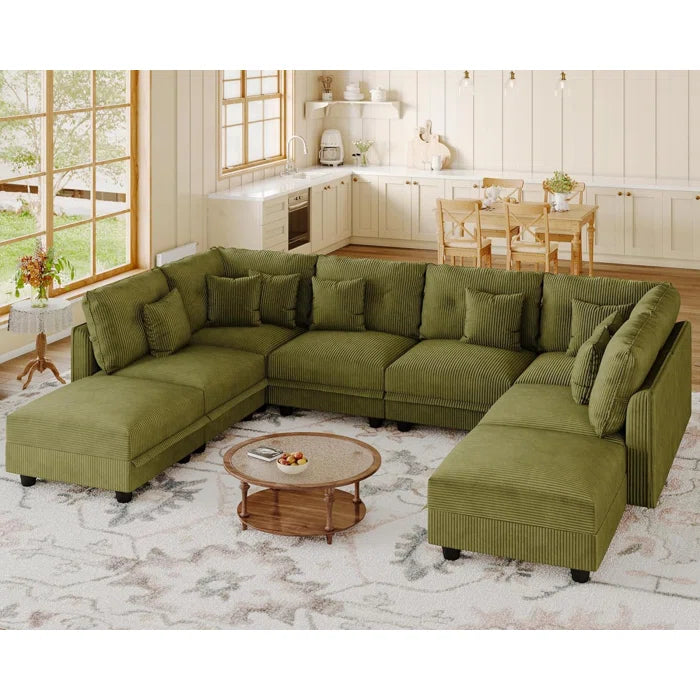 8 Seat Corduroy Straight Modular Sectional Sleeper With Storage(Green Corduroy)