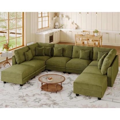 8 Seat Corduroy Straight Modular Sectional Sleeper With Storage(Green Corduroy)