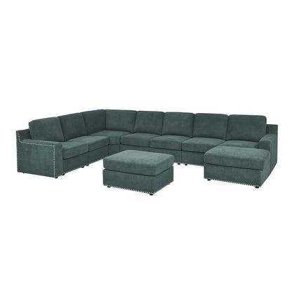 U-Shape Sectional Sofa: 8 - Piece Modular Large Sectional Seat (Green Polyester)