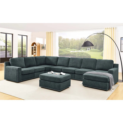 U-Shape Sectional Sofa: 8 - Piece Modular Large Sectional Seat (Green Polyester)